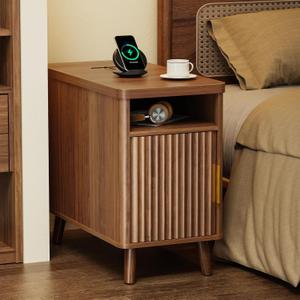 Huuger Narrow End Table with Charging Station, USB-C Port | Fluted Nightstand with Storage Cabinet, Back Rack, Farmhouse Side Table for Small Spaces, Night Stand, Walnut