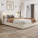 Merax California King Size Natural Polyester Linen Fabric Upholstered Bed Frame with High Wingback Headboard, Reading Lamp and USB Port, Beige
