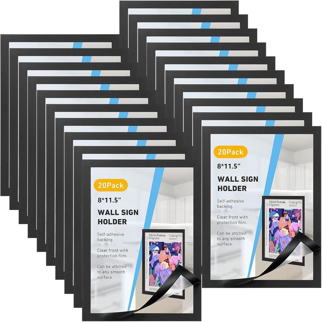 20 Pieces Magnetic Sign Holder 8 x 11.5inches, Self-Adhesive Door Window Document Reusable Adhesive Frames, Wall Glass Peel and Picture Frames (Black)