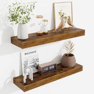 Fun Memories Floating Shelves Set of 2, 24 Inch Floating Shelves for Wall, Wood Wall Shelves with Invisible Brackets, for Bathroom, Bedroom, Living Room, Kitchen, Rustic Brown