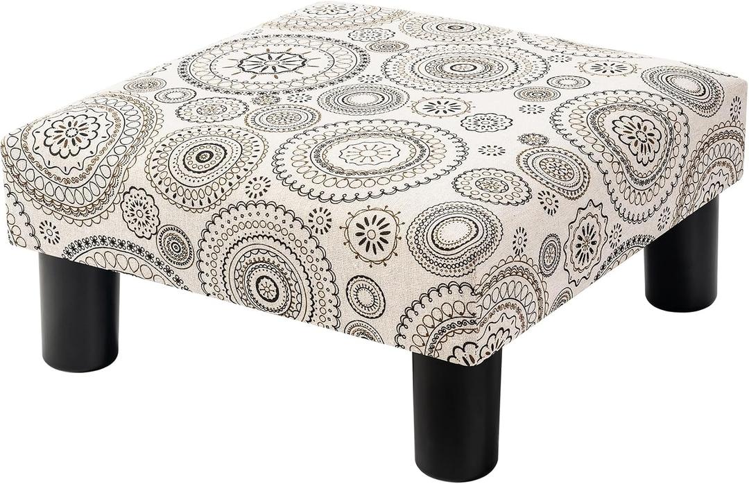 Joveco Small Foot Rest Stool Ottoman, Square Upholstered Fabric Footstool for Couch, Under Desk, Office, Living Room, Printing Beige