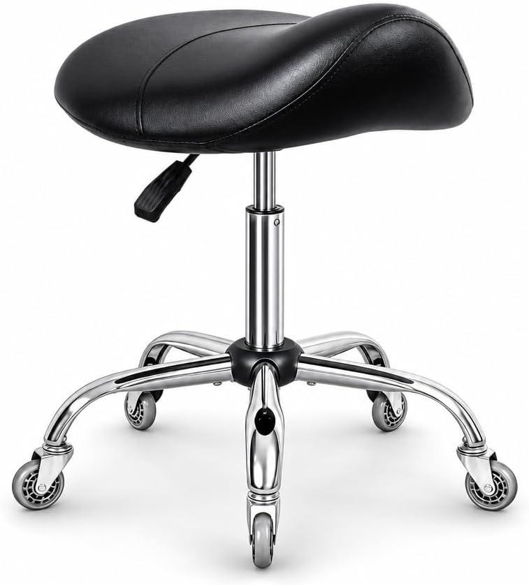 Antlu Saddle Stool Ergonomic Esthetician Rolling Chair with Wheels, Black, without Backrest