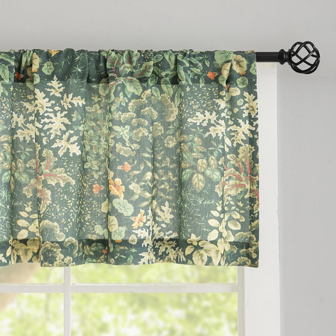 French Country Kitchen Valance for Windows 18 Inch Length 1 Panel Farmhouse Leaf Dark Green Linen Valance Curtains for Bathroom, Rod Pocket Privacy Semi-Sheer Short Window Curtain, 50 x 18 Inch