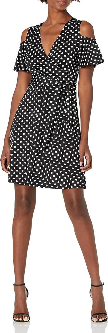 Star Vixen Women's Cutout Cold Shoulder Short Sleeve Faux Wrap Dress (Blkdot), S