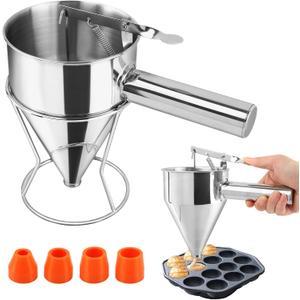 Stainless Steel Pancake Batter Dispenser with Squeeze Handle and Multi-Nozzle, Funnel Cake Dispenser with Stand, Heavy Duty Baking Tool for Cake Pancakes Cupcakes(SIZE:S,600ml / 21 oz)
