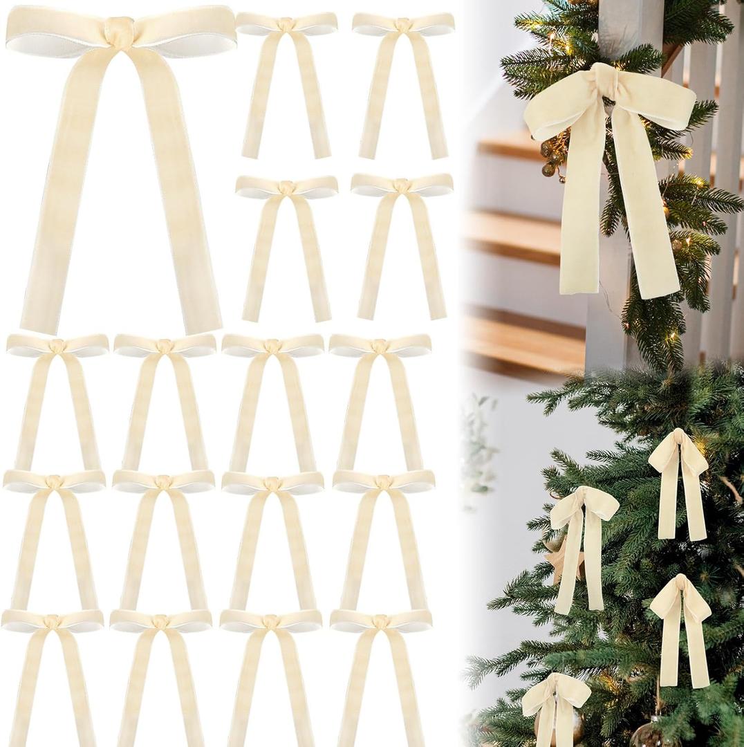Beige 24 Pcs Velvet Bows Christmas Tree Ornaments Valentines Day Bows Decoration for Garland Home Coquette Wedding Decor (5 x 7 Inch,Width of 1")