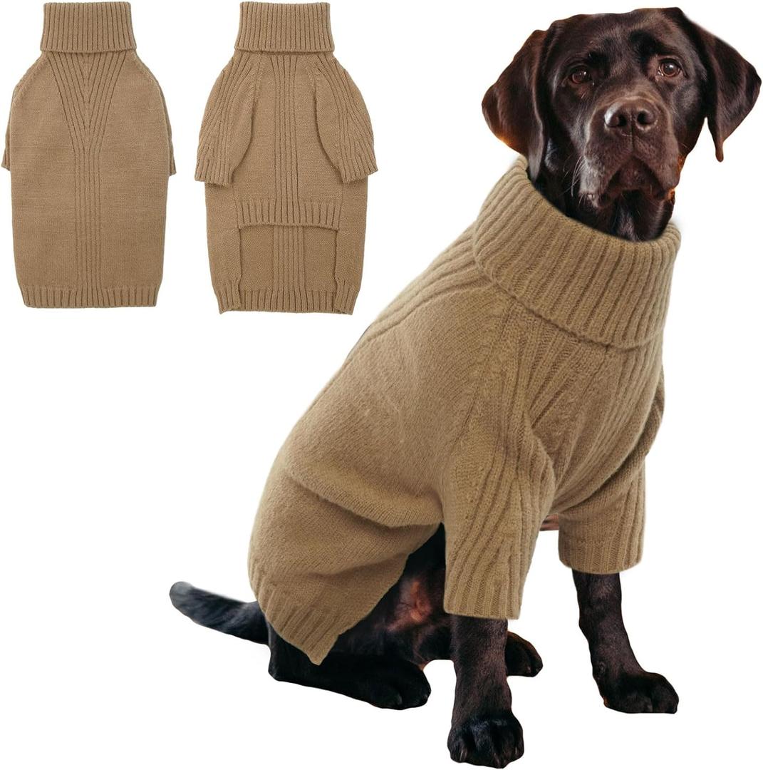 IECOii XXL Dog Sweater, Thermal Knit Big Dog Sweater with Sleeve, Pet Turtleneck Doggy Sweatshirt for Extra Large Dogs Boy Girl, Stretchy Large Dogs Cold Weather Outfit Pitbull Clothes, (Camel, XXL)