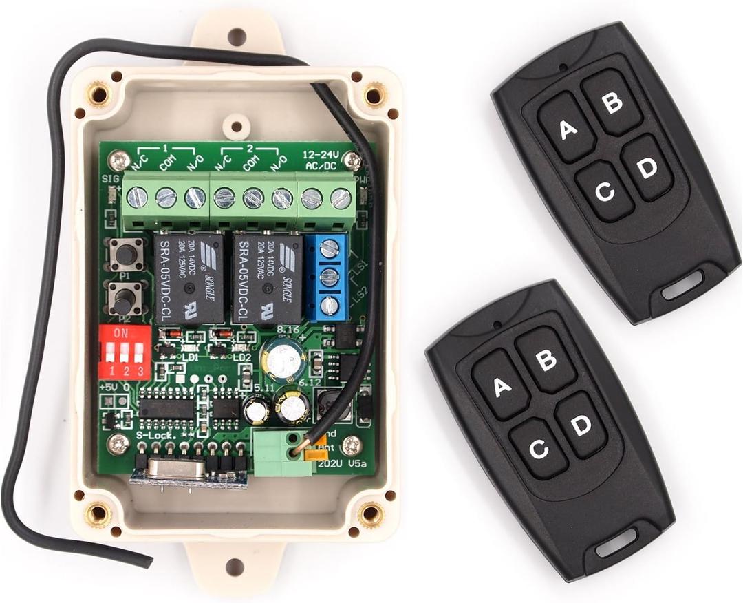 Solidremote 12V - 24V Secure Wireless RF Remote Control Relay Switch Universal 2-Channel Receiver with 2 Transmitters for Garage Door Openers, LED Lights etc (KIT-1) Solidremote 12V - 24V Secure Wireless RF Remote Control Relay Switch Universal 2-Channel Receiver with 2 Transmitters for Garage Door Openers, LED Lights etc (KIT-1)