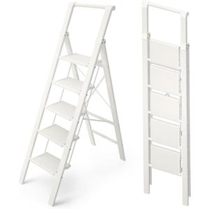 HillhutApex 5 Step Foldable Aluminum Step Ladder with Handgrip, Anti-Slip Pedal, 330 lbs Capacity, Lightweight & Portable for Home, Kitchen, Office, Garage (White), 18.5"W x 61"H