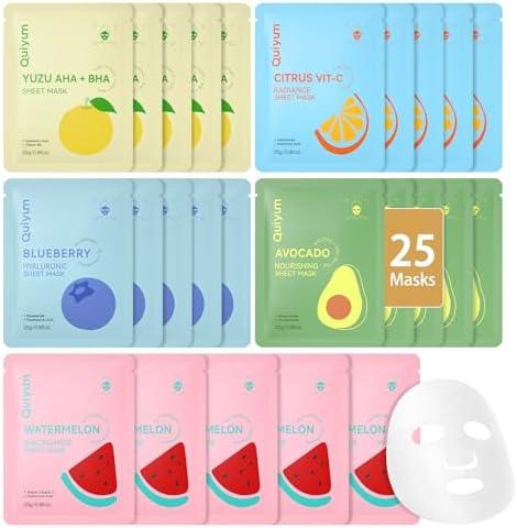 QUIYUM Fruit Face Masks Skincare, Facial Masks for Women, Skin Care for Teens 10-12, Sheet Masks Beauty with Natural Ingredients, Moisturize & Soothe for All Skin Type, Birthday Party Spa Gift 25 Pack