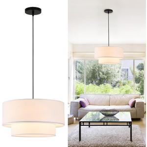 18" Drum Pendant Light Fixture, 3 Light Drum Chandelier with Wihte Fabric Lampshade, 2 Tier Dining Room Light Fixtures over Table, Ceiling Drum Chandeliers for Dining Room, Bedroom and Living Room, White 
