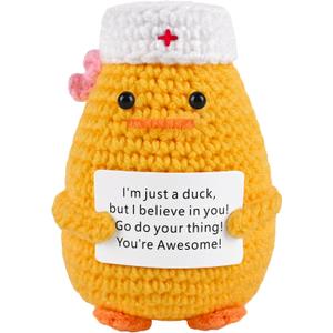 Handmade Nurse Duck Crochet Figurine with Positive Card – Cute Desk Decor with Pink Bow – Nurse Appreciation Gift for Nurses, Medical Students & Coworkers