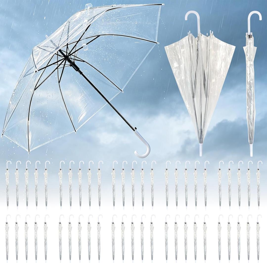 20/50 Pack Clear Wedding Umbrellas Bulk, Windproof POE Transparent Dome Umbrellas with J Hook Handle, Semi-Automatic Open Umbrella for Wedding, Bridal Photos & & Outdoor Activities