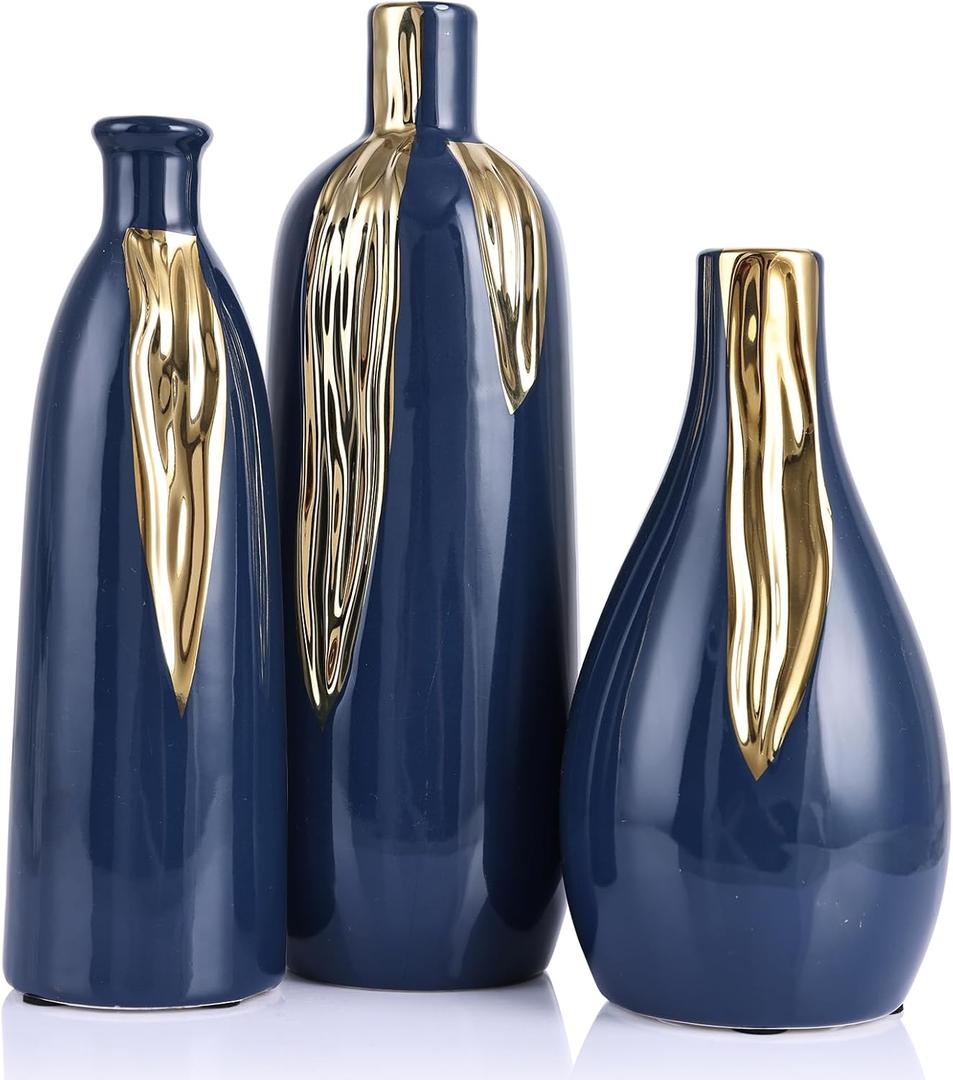 Blue and Gold Vase Set of 3, Modern Ceramic Decorative Vases for Living Room, Bedroom, Art Decor, Mantle, Home Event Decor, Office Decorative, Weddings, Rustic & Farmhouse (Blue Gold)