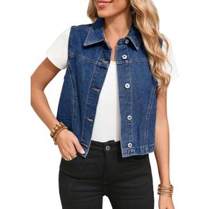 Sidefeel Women's Denim Vest Sleeveless Collared Zimbaplatinum Crop Jean Vest Top Button Down Waistcoat (Medium, Dark Blue)