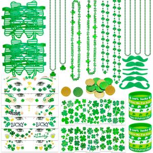 2 x DPKOW 61Pcs St Patricks Day Accessories, Shamrock Glasses Necklaces Wristbands Lcuky Clover Temporary Tattoos Beard Lcuky Coins St Patty's Day Accessories Decorations Irish Party Favors Gifts