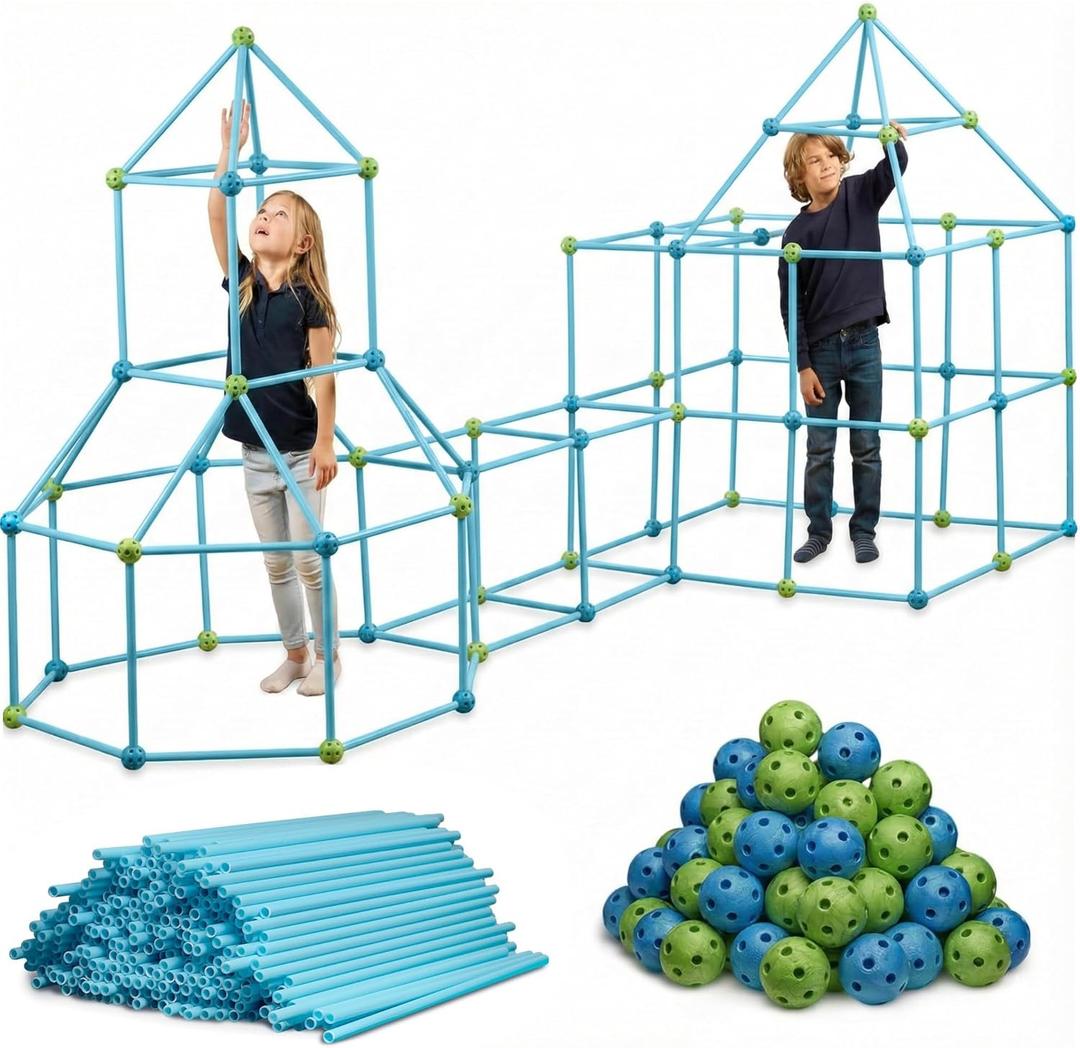 132 Piece Fort Building Kit - Indoor Play Engineering Set with Connecting Sticks & Balls - Creative STEM Building Toys for Kids Play Spaces, Tents & Hideouts (Blue)