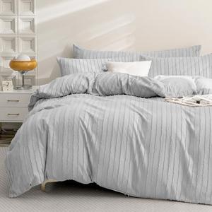 JELLYMONI Duvet Cover King Size Light Grey - 3PCS Boho Striped Duvet Cover Set Polyester Tufted Bohemian Textured Comforter Cover 10490in with Corner Ties & Zipper and 2 Pillowcases