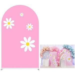 KONPON Pink Arched Stand Wall Covers Daisy Groovy Double Sided Arch Backdrop Covers for Groovy Party Baby Shower Birthday Wedding Decor Banner