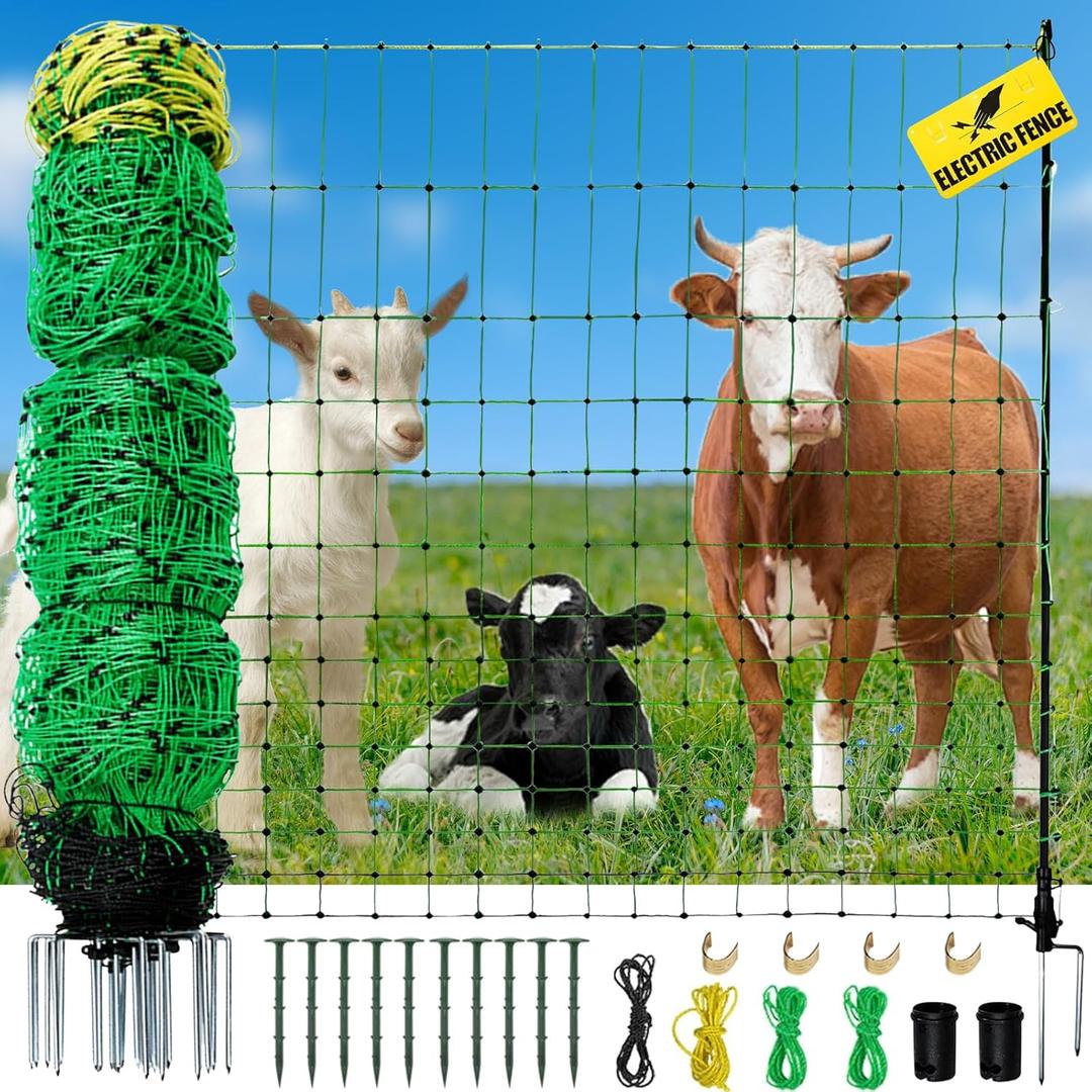 Electric Fence Netting, 164'L x 35.4" H Movable Livestock Nets for Sheep, Hogs, Cattle, PE Net Fencing Kit with 14 Posts Double Spiked, Electric Fencing for Backyards, Homesteaders, Farms Ranches Electric Fence Netting, 164'L x 35.4" H Movable Livestock Nets for Sheep, Hogs, Cattle, PE Net Fencing Kit with 14 Posts Double Spiked, Electric Fencing for Backyards, Homesteaders, Farms Ranches
