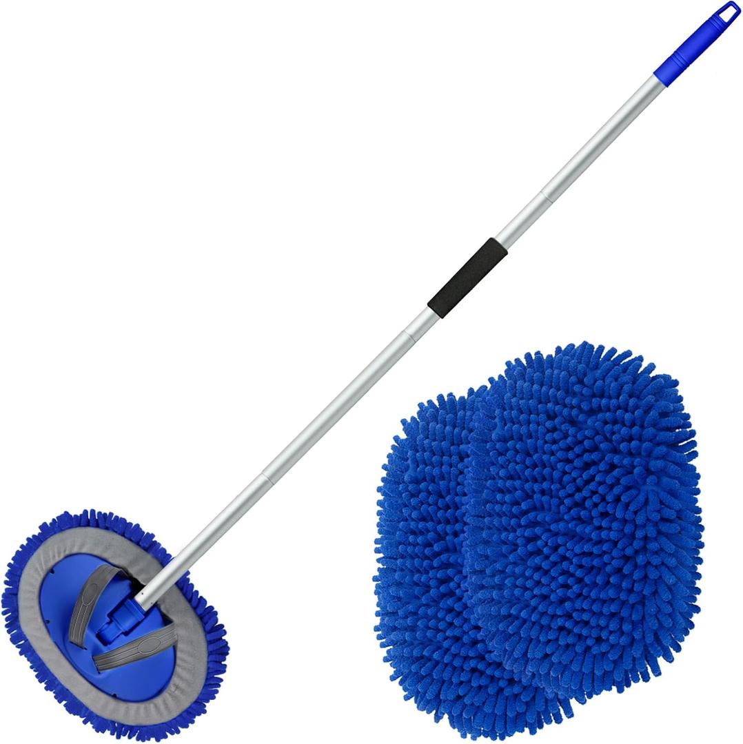 anngrowy 62" Microfiber Car Wash Brush with Long Handle Car Washing Mop Kit Mitt Sponge Car Cleaning Supplies Kit Duster RV Washing Car Brush Accessories, 1 Chenille Scratch-Free Replacement Head (Blue)