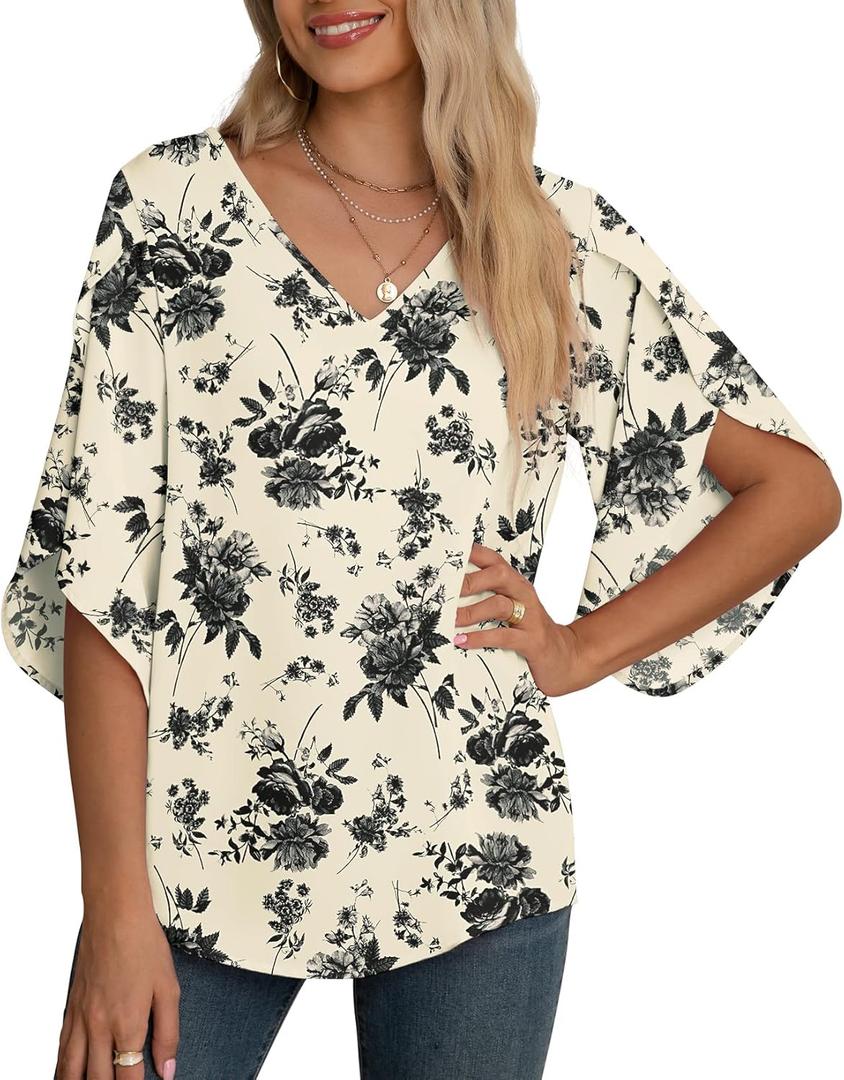 Jouica Women's Fall Casual 3/4 Ruffled Sleeve Chiffon Blouse Tops for Women (S)