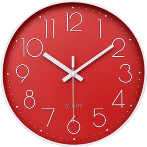 Red Wall Clock 12 Inch Silent Non-Ticking Battery Operated Quality Quartz Round Wall Clock Modern Decor Clock for Home Bedroom