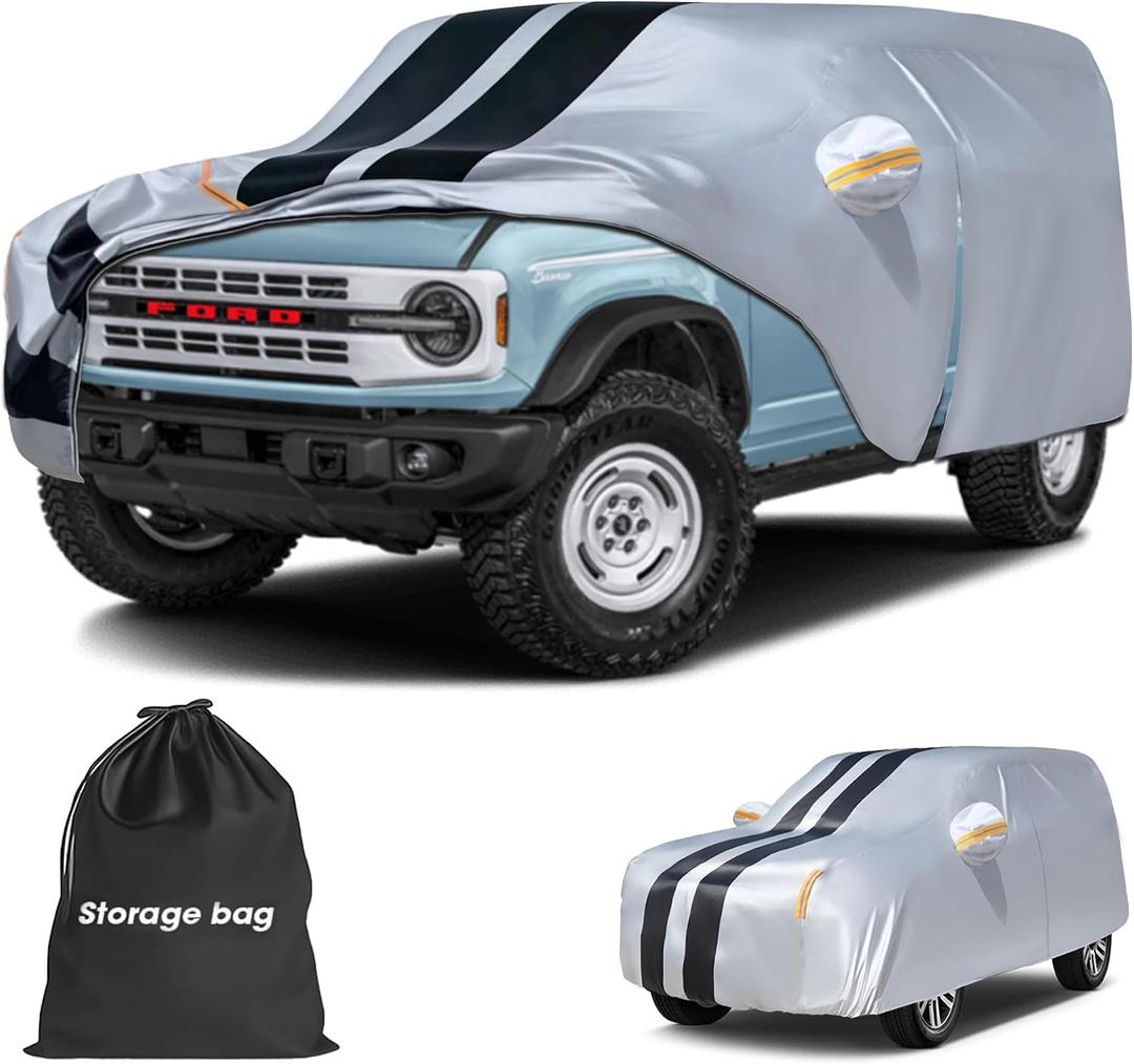 Multi-Layer Car Cover Custom Fit for Ford Bronco 4dr(2020-2026), 100% Waterproof All Weather for Automobiles, Gift with Towel, Heavy Duty Car Covers for Rain Sun UV Protection with Door Zipper