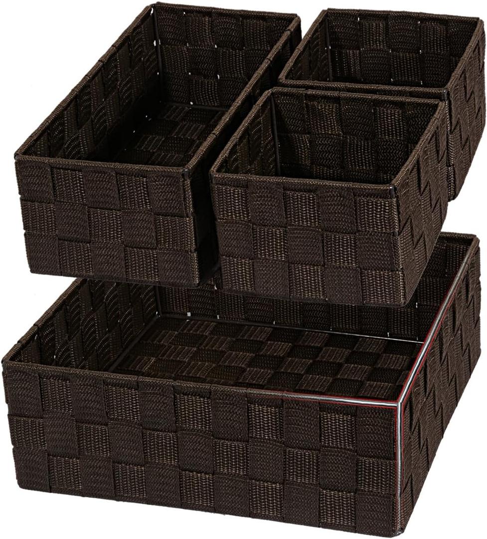 Woven Storage Baskets for Organizing, Small Baskets Cube Bin Container Tote Organizer Divider for Drawer, Closet, Shelf, Dresser, Set of 4(Brown)