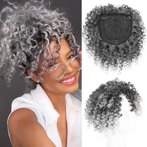 Adancyler Natural Afro Kinky Curly Short Hair Toppers with Bangs Black Clip in Synthetic Wiglets Hair Pieces for Men and Women with Thinning Hair Instant Volume and Style(6 Inch, 1B/Gray)