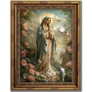 FGQ Vintage Gold Framed Blessed Mother Art Canvas Wall Art Virgin Mary Among Roses Painting Artwork Catholic Prints Our Lady of Guadalupe Portrait Poster Christian Gifts Religious Picture 16x24inch