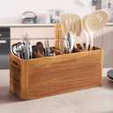 16" Wooden Kitchen Utensil Holder, Extra Large Acacia Wood Organizer for Cooking Tools, Utensils & Cutlery Storage  4-Compartment Countertop Holder