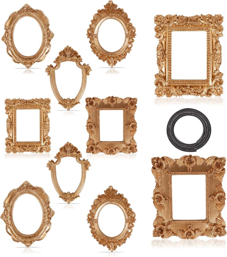 Himitimi 10 Pcs Mini Gold Picture Frames with Magnetic Tape, Tiny Vintage Resin Photo Frames Magnetic Antique Picture Frames for DIY Display Home Wall Decor