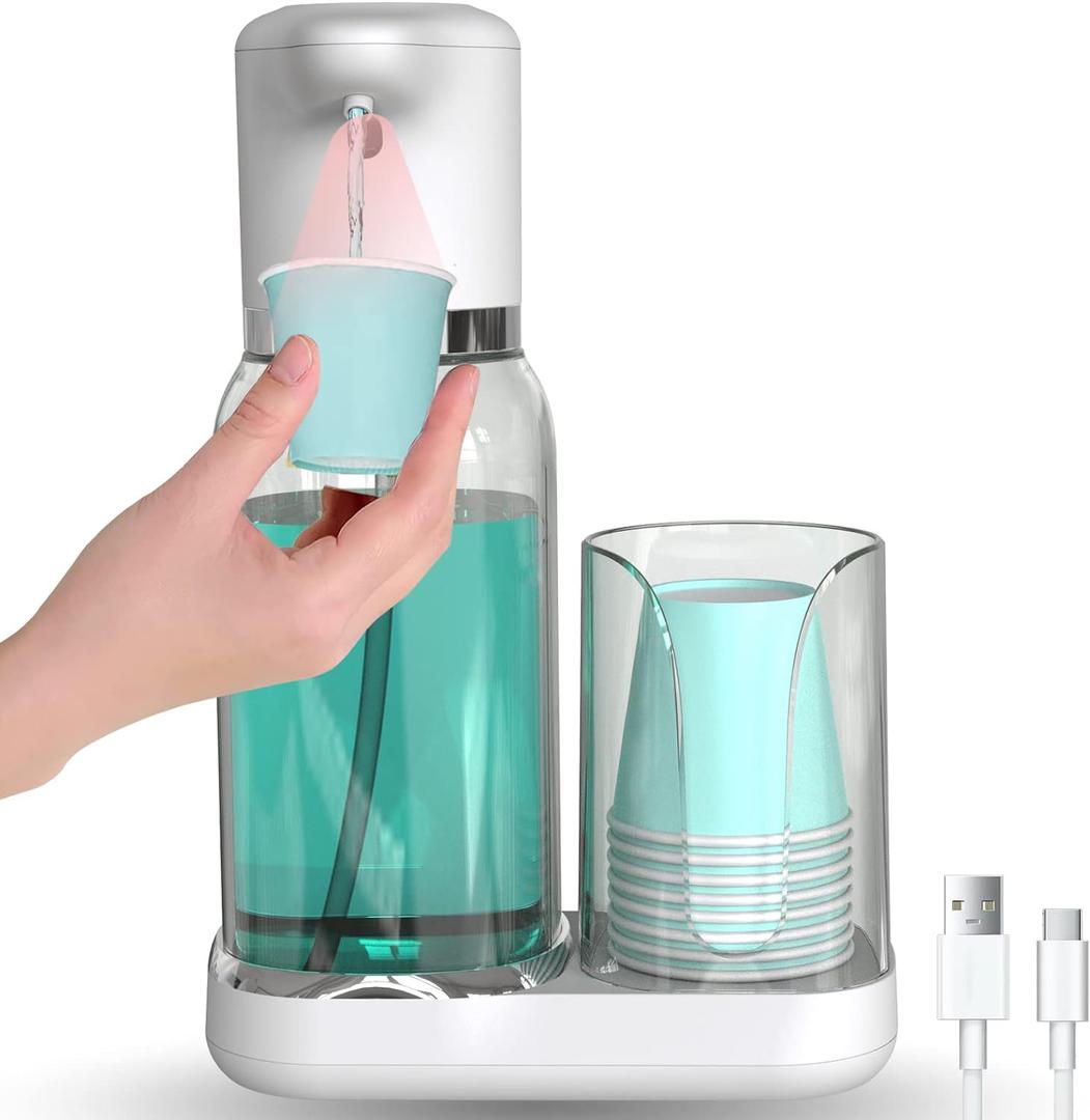 Luvan Automatic Mouthwash Dispenser for Bathroom, 25oz(750ml) Smart Mouthwash Dispenser with Cup Holder, Infrared Sensor and 2 Dispensing Levels, Rechargable Mouth Pumb Dispenser for All Age Groups (Automatic Dispenser)