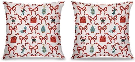 Red and Green Christmas Pillow Covers 18x18 Set of 2, Christmas Home Decor, Coquette Red Bow Xmas Candy Cane Holly Barry Gift Box Holiday Decorative Pillow Covers for Home Bedroom Living Room
