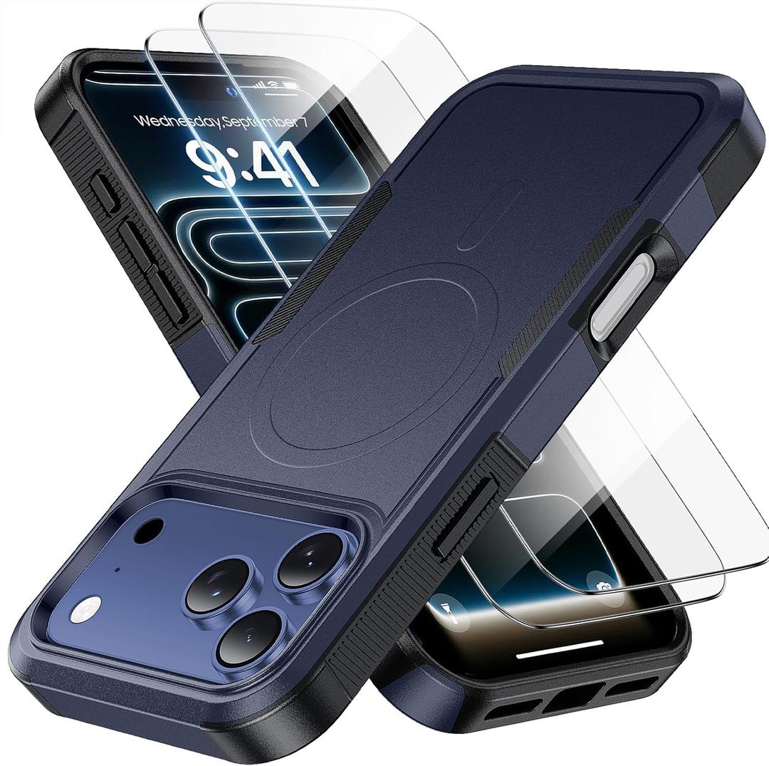2 x Magnetic for iPhone 17 Pro Max Case, Heavy Duty Protection, 23ft Military-Grade Drop Protection, Compatible with MagSafe, Tough Non-Slip, Matte Surface Phone case for iphone 17 Pro Max 6.9", Deep Blue