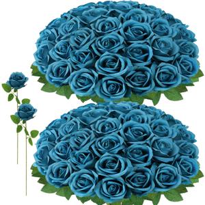 72 Pcs Artificial Roses Teal Fake Silk Roses Realistic Roses Faux Flower Indoor Wedding Home Decor, Birthday Decorations