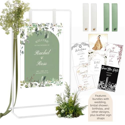 Wedding Sign Holder, Adjustable Welcome to Our Wedding Sign Stand W/Design Bundle & Leather Sign Hanging Straps, Heavy Duty Easel Stand for Sign, Wedding Seating Chart Stand, Easel for Display (White)
