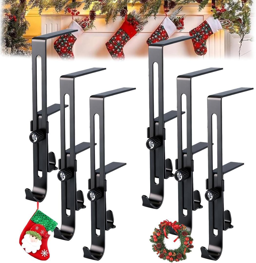 6 PCS Stocking Holders for Mantle, 2-in-1 Garland Hangers for Mantle, Adjustable Christmas Mantle Hanger with Dual Hooks, No Drill, for Christmas Stocking & Holiday Garland Decorations