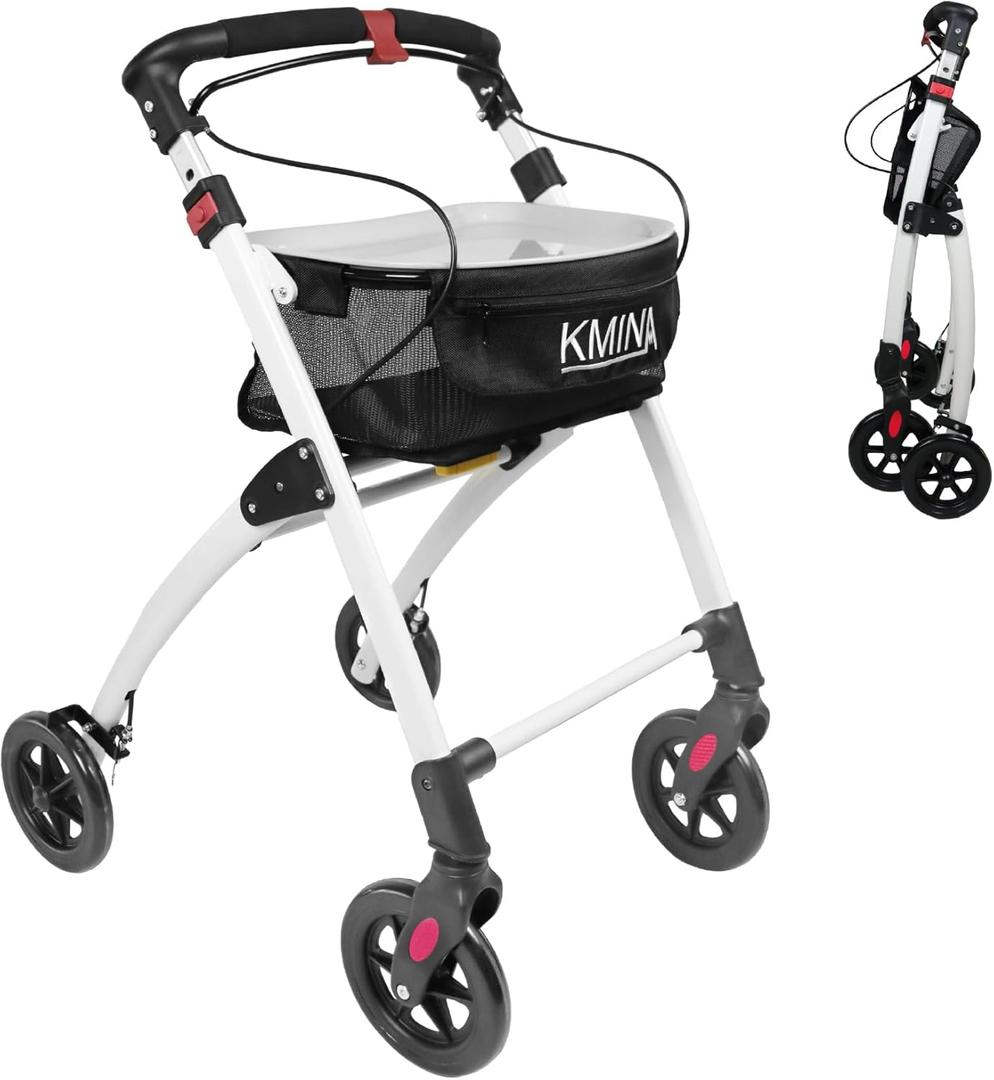 KMINA Narrow Walker for Small Spaces, Foldable Walker with Tray and Basket, 4 Wheels and Brakes, Lightweight Indoor Rollator for Seniors, Black, PRO Model