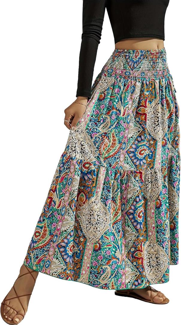 YHYJMY Women's Boho Skirt Elastic High Waist Pleated A-Line Flared Maxi Skirts Womens Flowy Long Skirts (Medium, Green)