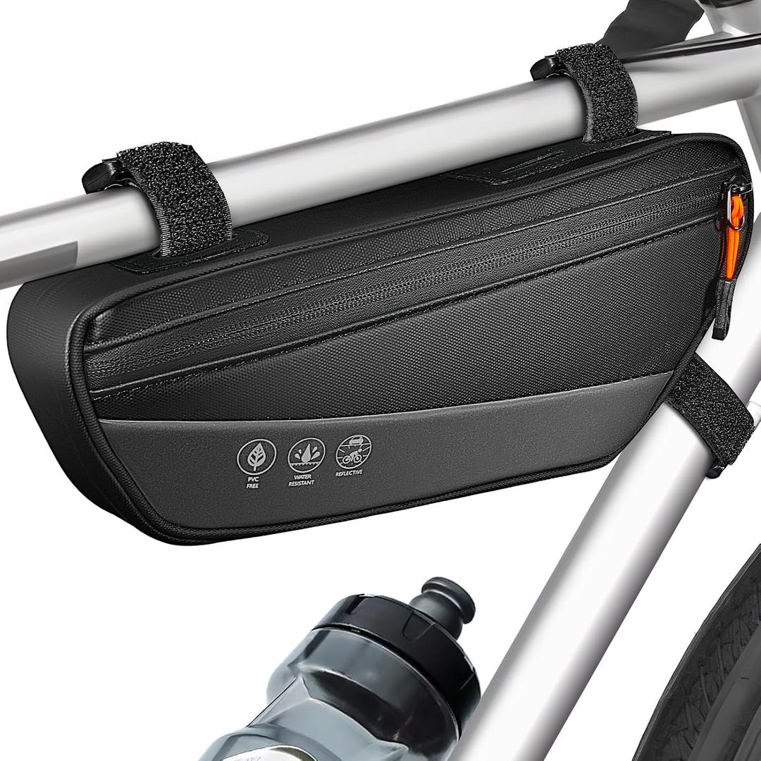 WOTOW Bike Frame Bag - Waterproof Bike Triangle Bag with Side Pocket - Reflective Bicycle Under Tube Storage Pouch for Road Mountain Cycling Travel, 1.8L (Black)