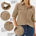 Women's UPF 50 Long Sleeve Sun Protection Safari Fish Hiking Shirts (Brown, L)