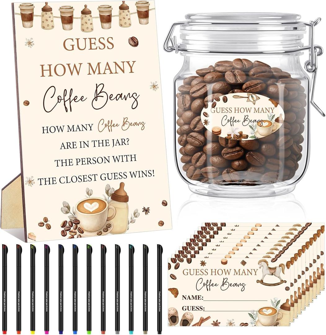 GlikCeil 76 Pcs Guess How Many Coffee Beans Party Supplies 60 Games Card 12 Pens 2 Cute Stickers 1 Storage Jar 1 Wood Gender Reveal Sign for Gender Reveal Party Decoration