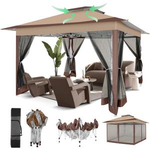COBIZI 12x12 Pop Up Gazebos On Clearance - Upgrade Easy Up Metal Outdoor Gazebo Waterproof - Portable Gazebo with Mosquito Nettings, 4 Ropes 8 Stakes and Carry Bag for Patio Garden(Coffee)