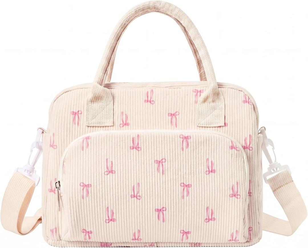 Dansydaisy Pink Bow Lunch Bag for Women, Corduroy Lunch Box with Strap