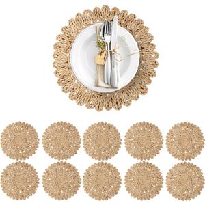 13.8" Corn Husk Woven Round Placemats Set of 10 - Wicker Boho Farmhouse Placemats - Rattan Table Mats Like Water Hyacinth for Dining Table, Wedding, Home