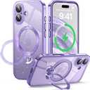 360 Spin CD Stand for iPhone 17 Case Compatible with Magsafe Ring [Never Yellow][DIY Glitter Cardstock] Camera Protection Plating Clear Cute Phone Case for Women Girls 6.3'', Lavender Purple