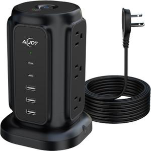 AiJoy Tower Surge Protector Power Strip, 14-Device Charging Station with 9 AC Outlets & 5 USB (2 USB-C), 1200J Surge Protection, 6.5FT Flat Plug Extension Cord, Wide-Spaced Outlets, Individual Switch