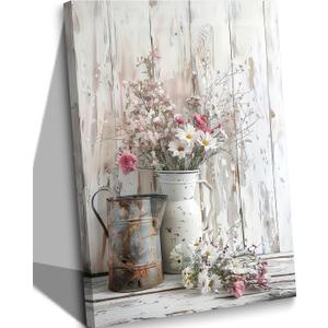 Rustic Farmhouse Floral Canvas Wall Art Elegant White Pink Flower Daisy Poster Prints Vintage Country Floral Picture Wood Grain Painting Pastoral Wall Decor for Living Room Bedroom 12x16in Framed